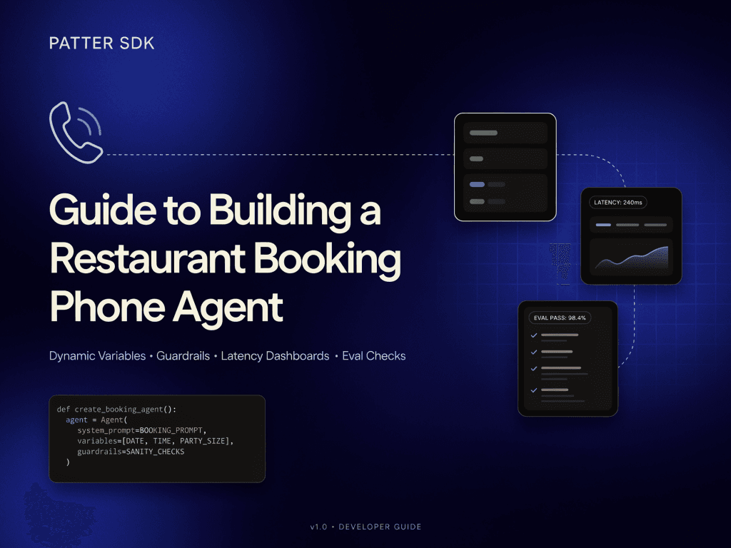 Patter SDK Guide to Building a Restaurant Booking Phone Agent with Dynamic Variables, Guardrails, Latency Dashboards, and Eval Checks